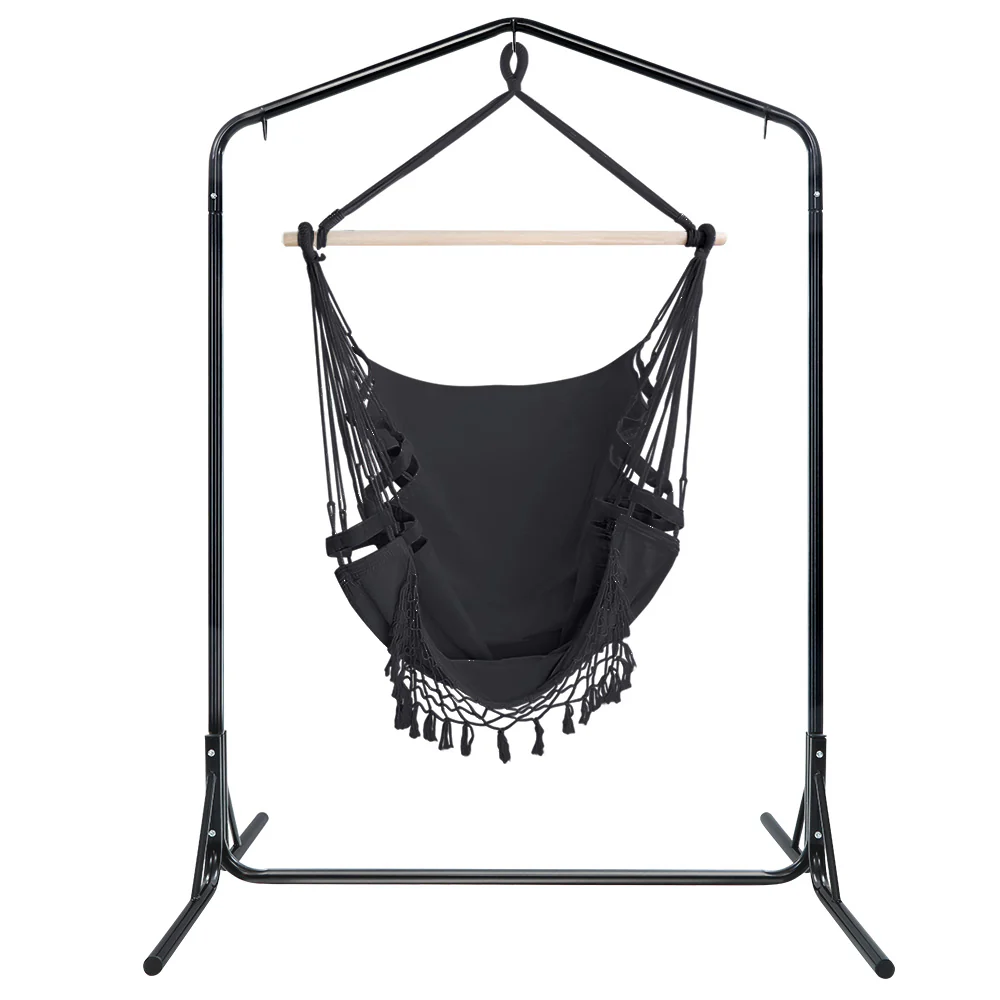 Outdoor Hammock Chair with Stand Tassel Hanging Rope Hammocks - Grey - Nurns
