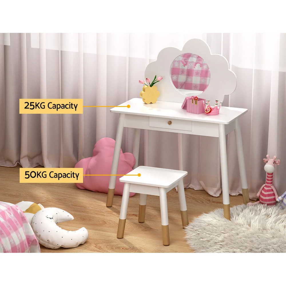 Kids Dressing Table Chair Set Vanity Makeup Wooden Leg Mirror Drawer - Nurns