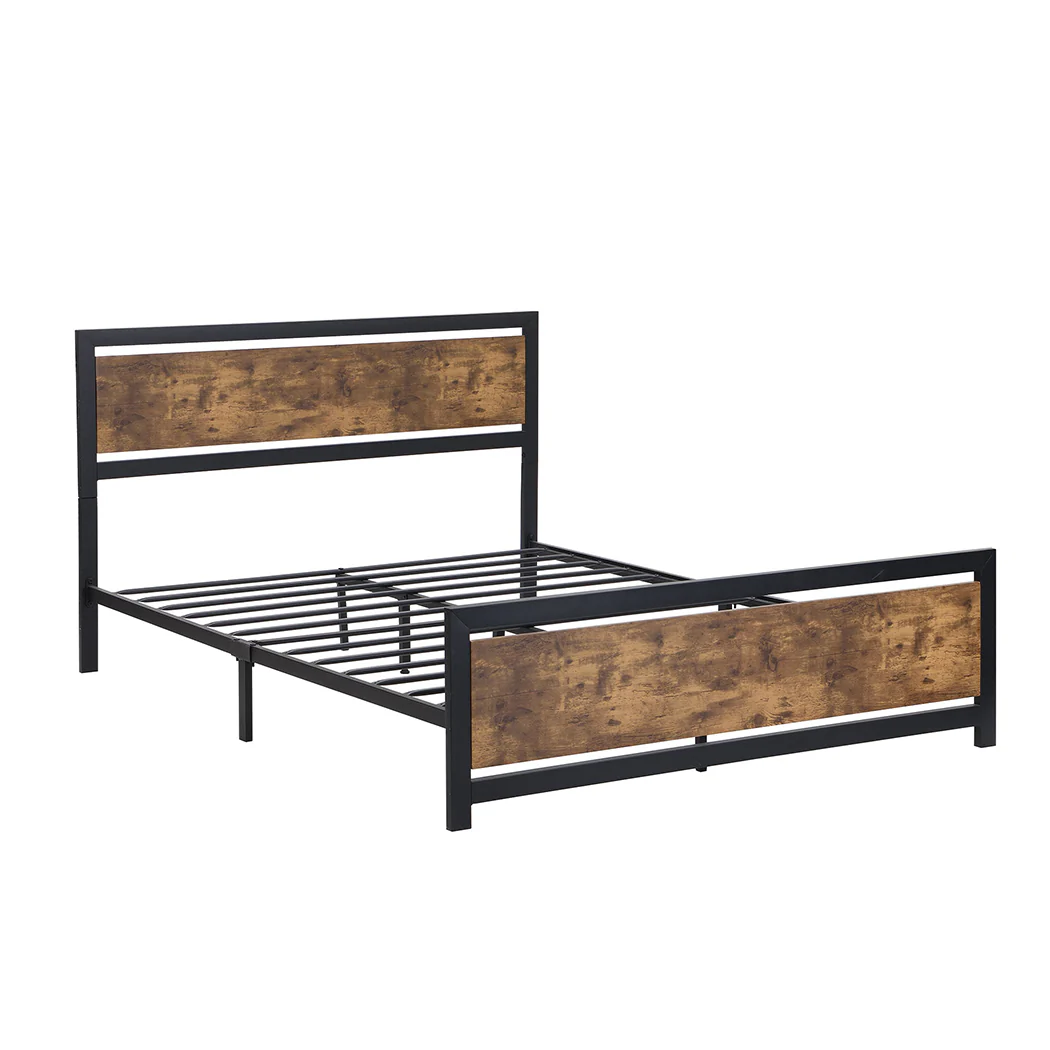 Levi Metal Bed Frame Platform Wooden Industrial Rustic - Black & Wood Double - Nurns