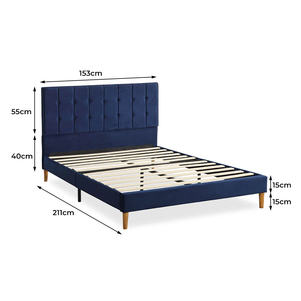 Venlo Bed Frame Base Platform Wooden Velvet with Headboard Blue - Queen - Nurns