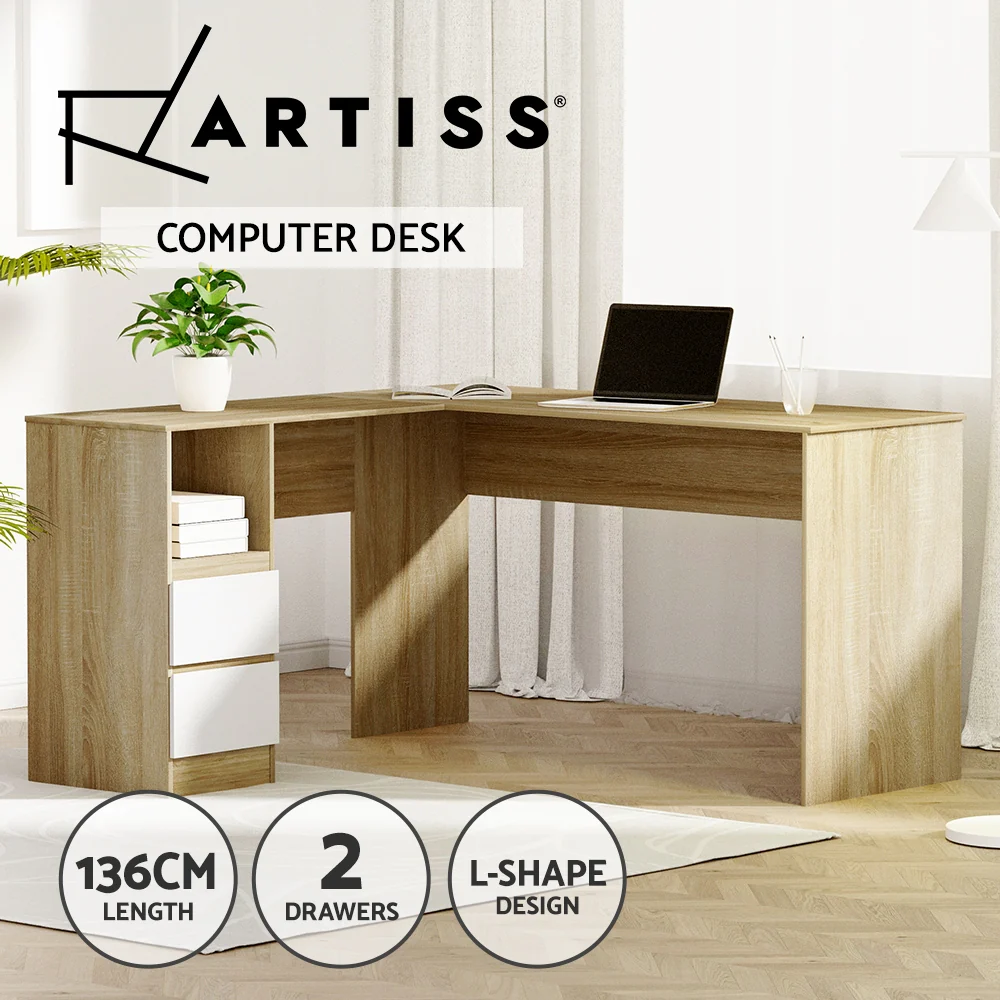 Artiss Computer Desk Drawer Cabinet L-Shape Oak 136cm - Nurns