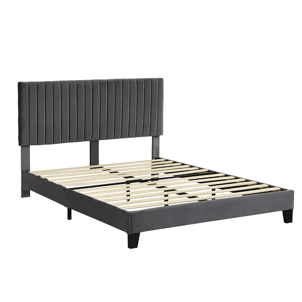 Cheyenne Bed Frame Base Platform Wooden Velvet with Headboard Grey - Double - Nurns