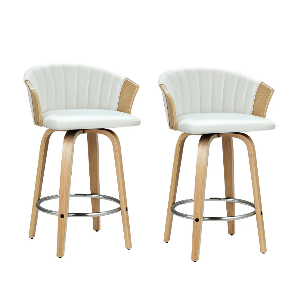 Set of 2 Salisbury Bar Stools Kitchen Stool Wooden Chair Swivel Chairs Leather - White - Nurns