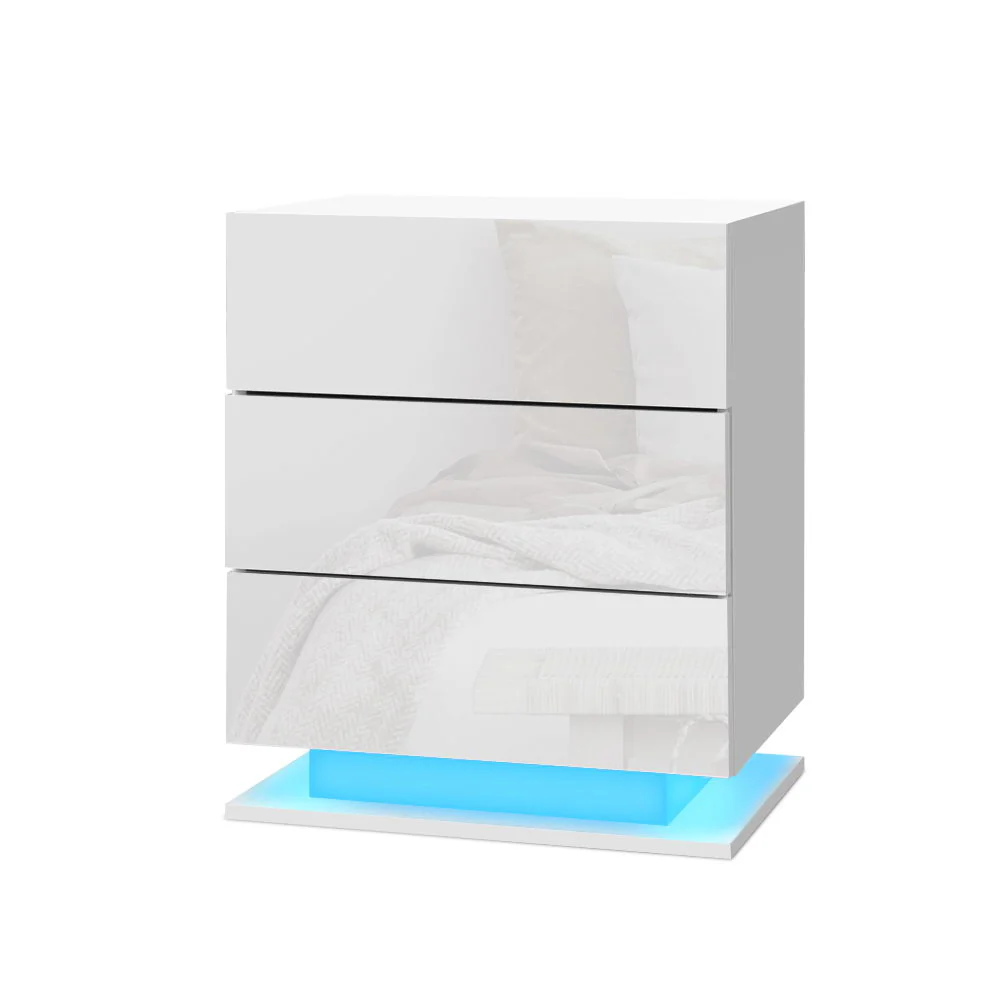 Lachine LED High Gloss Bedside Tables Side Table RGB LED Lamp Nightstand Gloss with 3 Drawers - White - Nurns