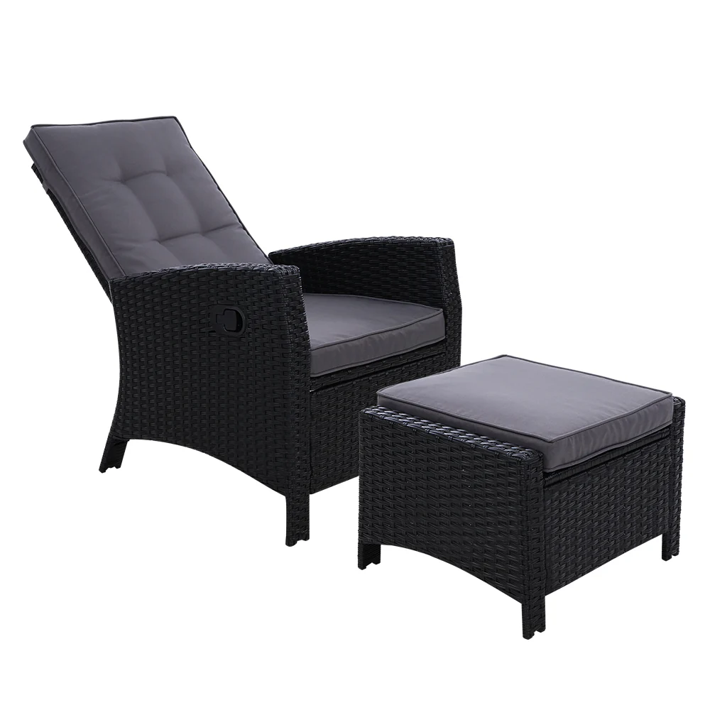 Dursley Recliner Chair Outdoor Furniture Setting Patio Wicker Sofa Chair and Ottoman - Black - Nurns
