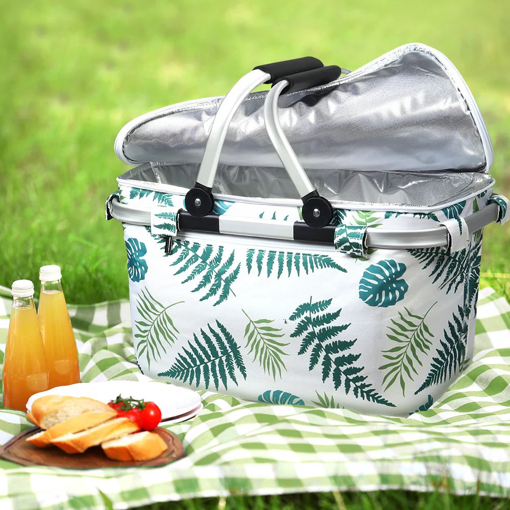 Folding Picnic Bag Basket Hamper Camping Hiking Insulated Lunch Cooler - Nurns