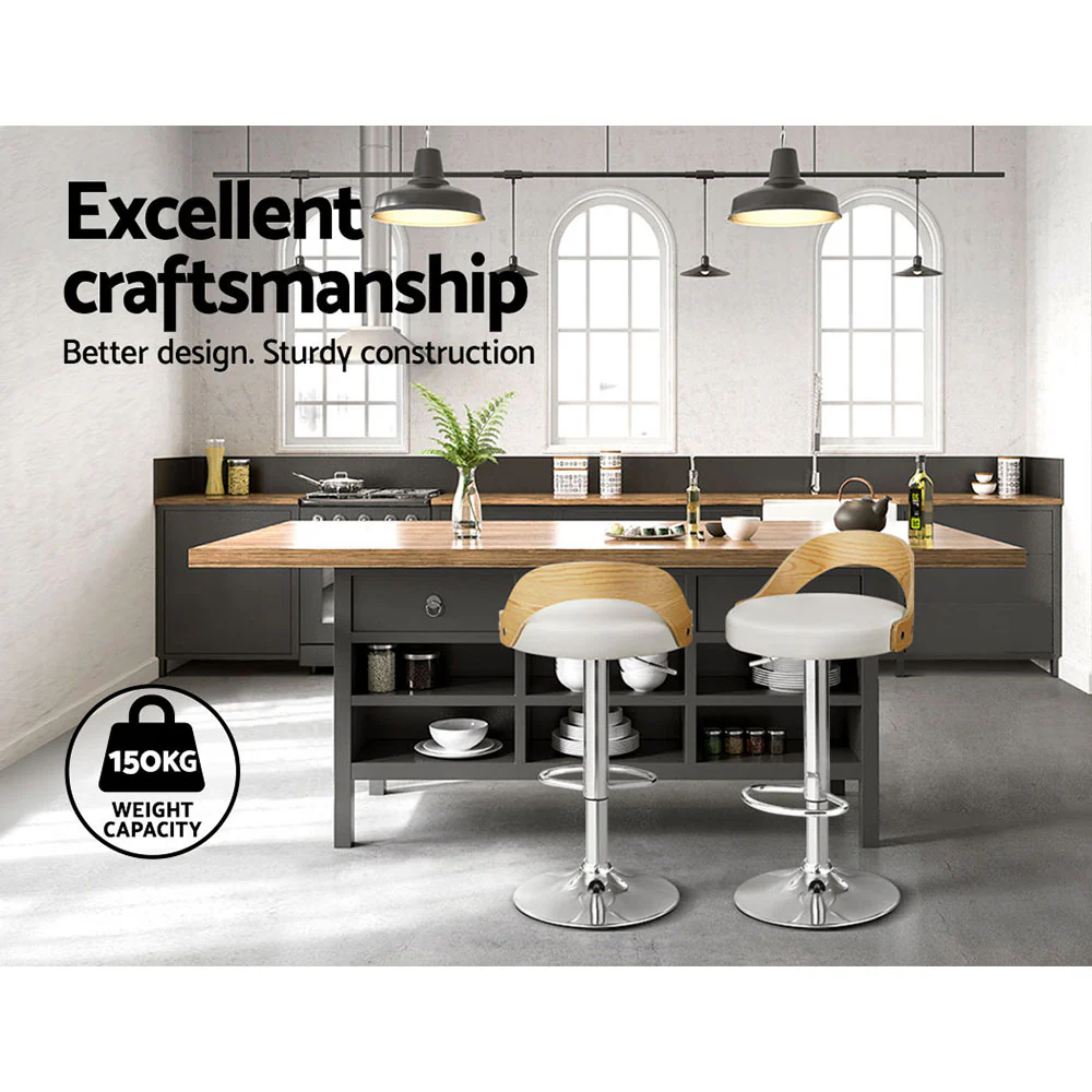 Set of 2 Plymouth Bar Stools Kitchen Gas Lift Wooden Stool Metal Barstools Swivel - White - Nurns