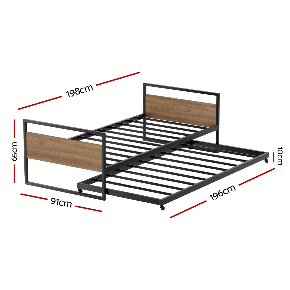 Orly Metal Bed Frame with Trundle Daybed - Black Single - Nurns