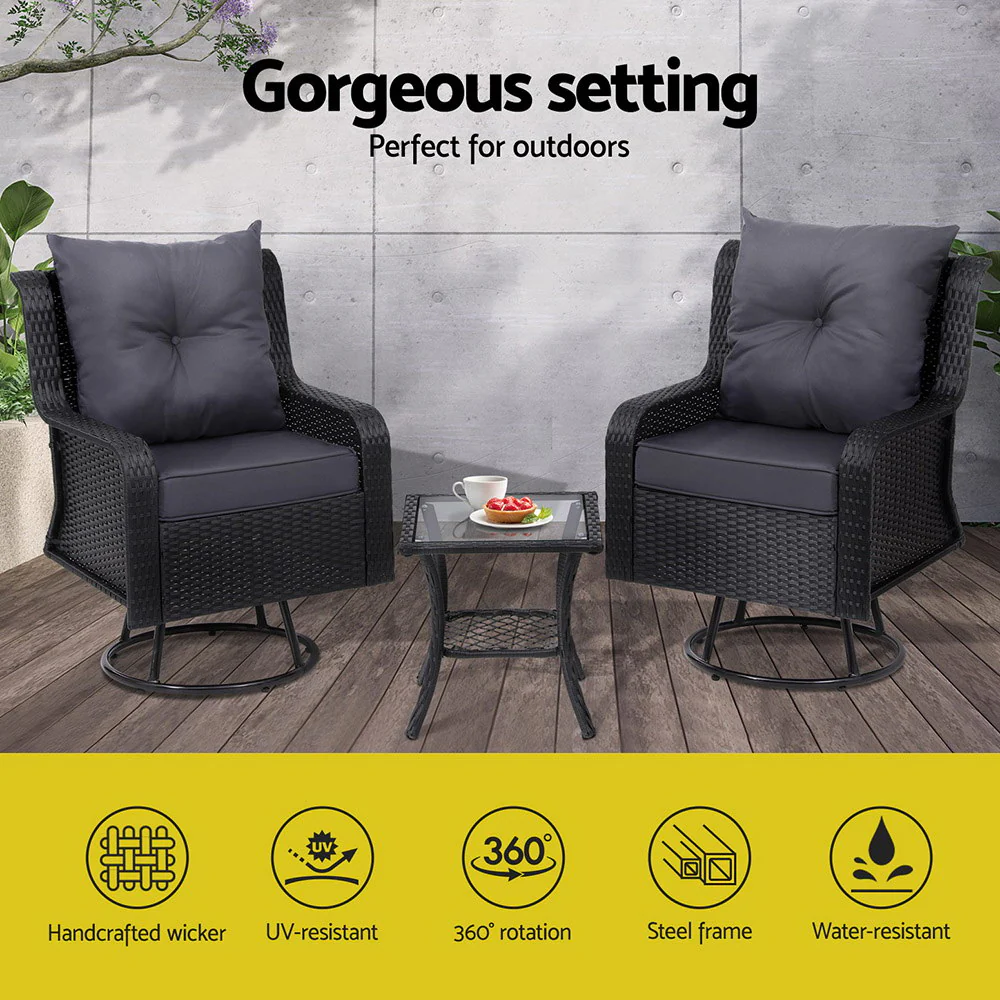 Cinzia Outdoor Furniture Lounge Wicker Swivel Chairs Table Cushion 3-Piece Outdoor Bistro Set - Black - Nurns