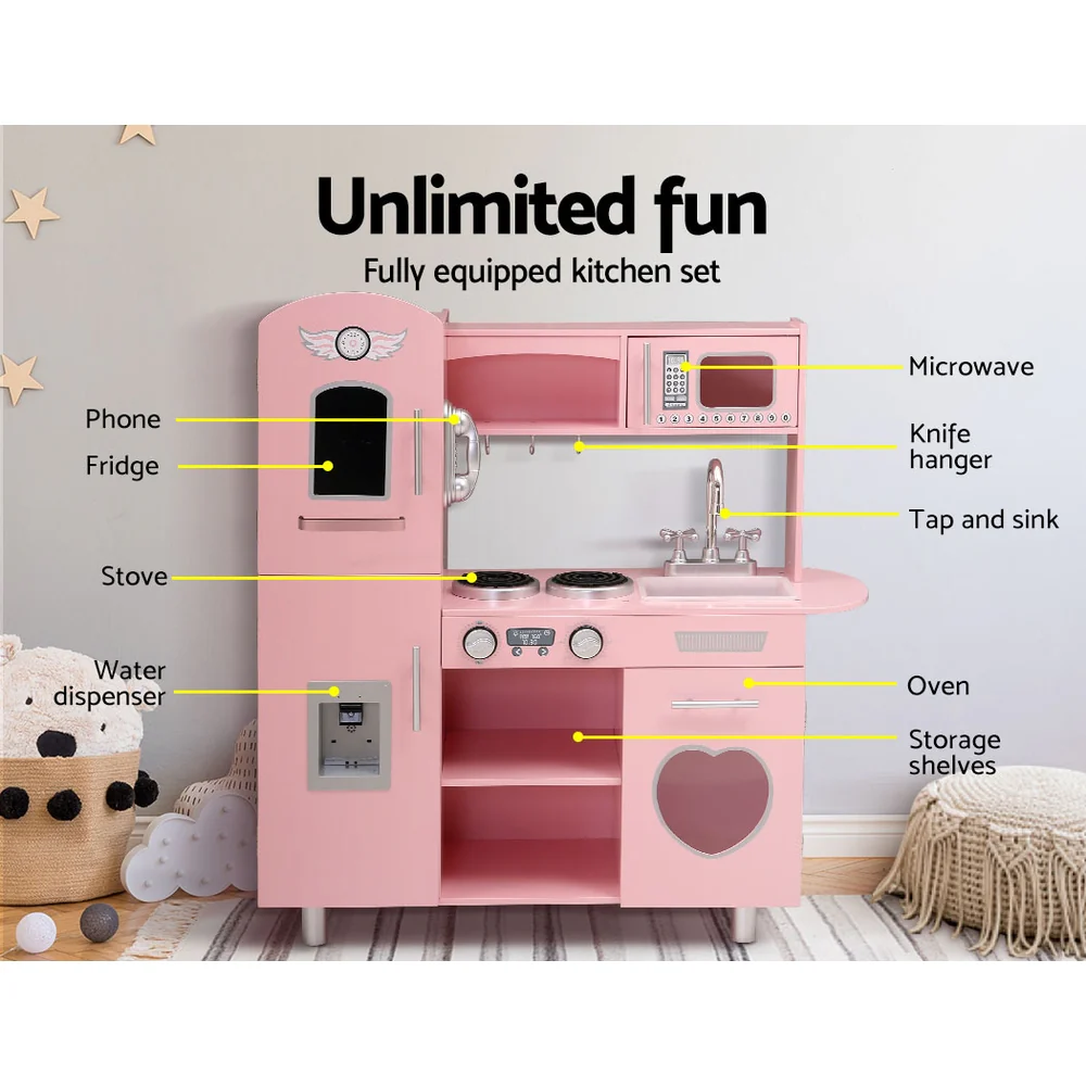 Kids Wooden Kitchen Pretend Play Sets Food Cooking Toys Children Pink - Nurns