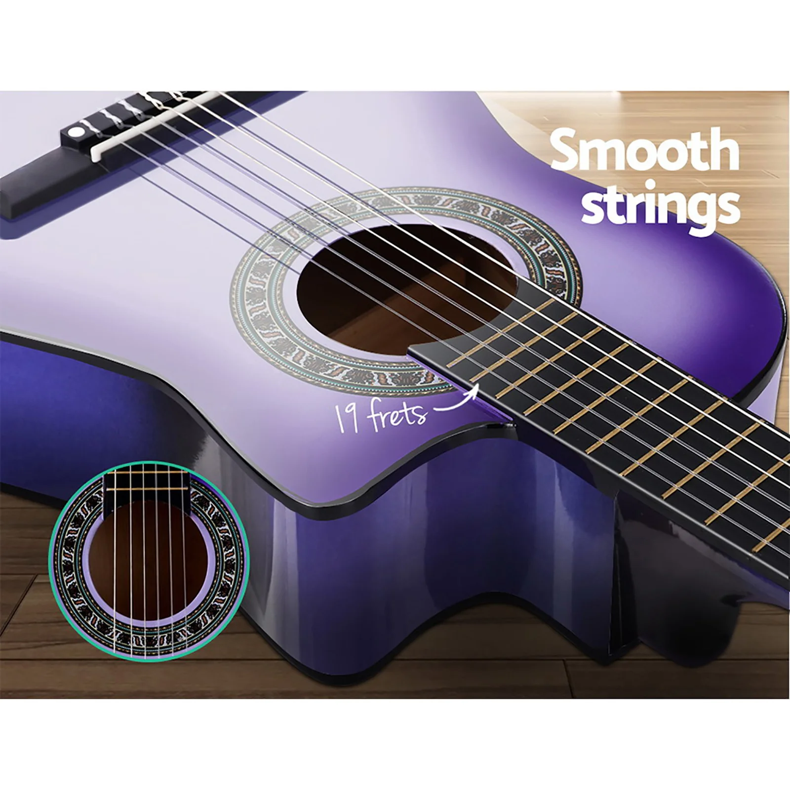 Alpha 34 Inch Classical Guitar Wooden Body Nylon String w/ Stand Beginner Purple - Nurns