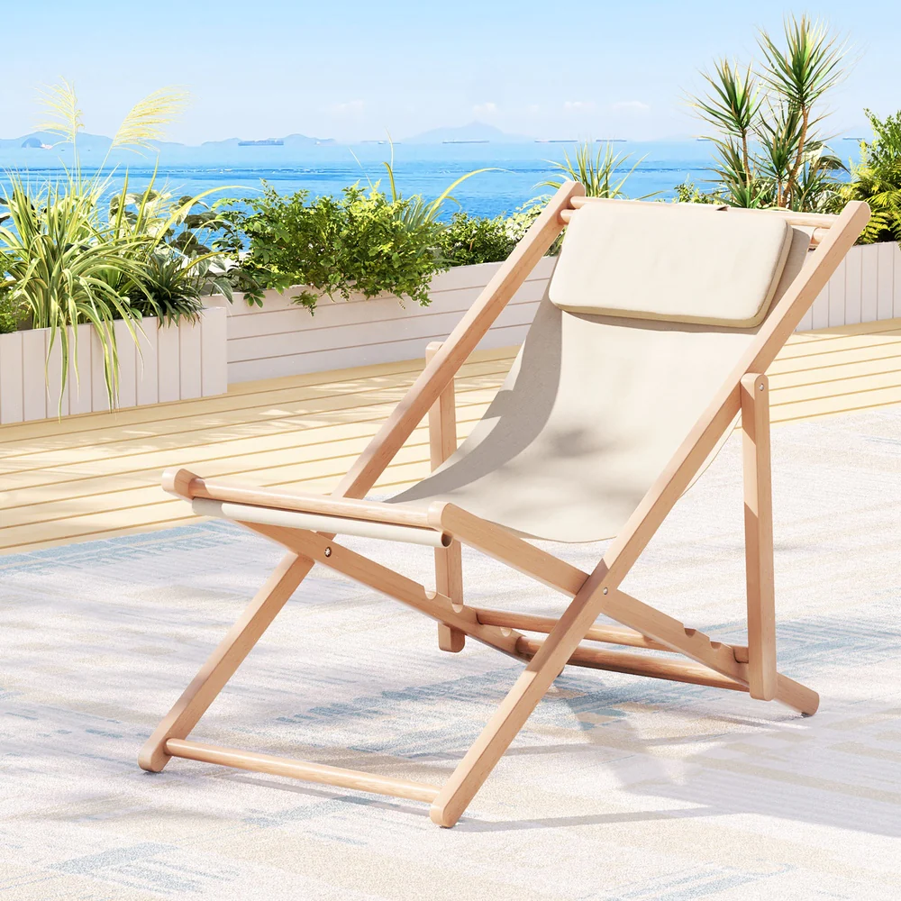 Damien Outdoor Chairs Sun Lounge Deck Beach Chair Folding Wooden Patio Furniture - Beige - Nurns