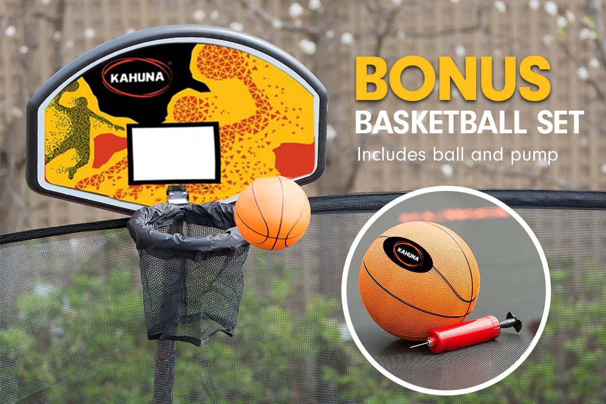 Kahuna Trampoline for Kids 8FT Outdoor Children with Safety Enclosure Mat Pad Net Ladder Basketball Hoop Set - Purple - Nurns