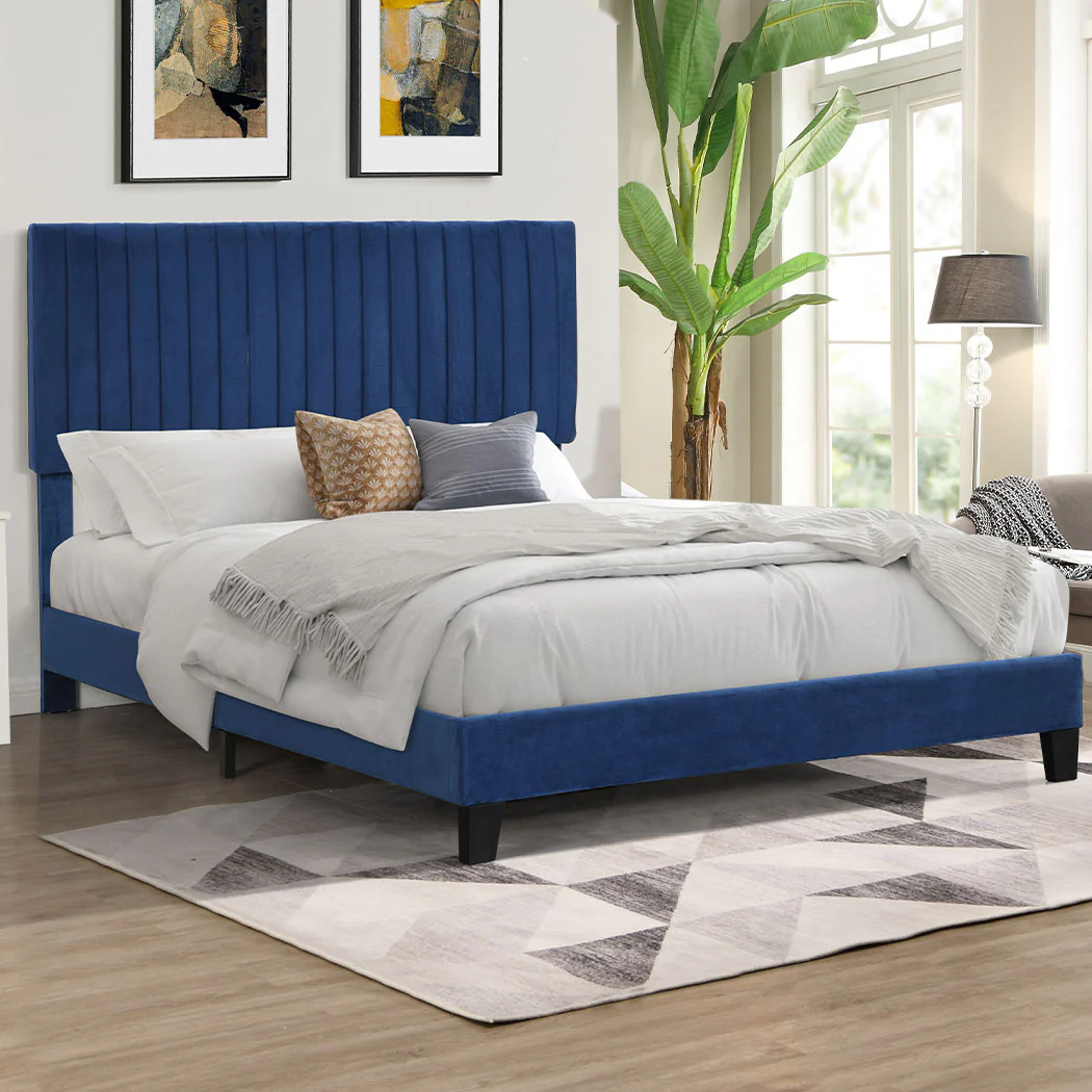 Cheyenne Bed Frame Base Platform Wooden Velvet with Headboard Blue - Double - Nurns
