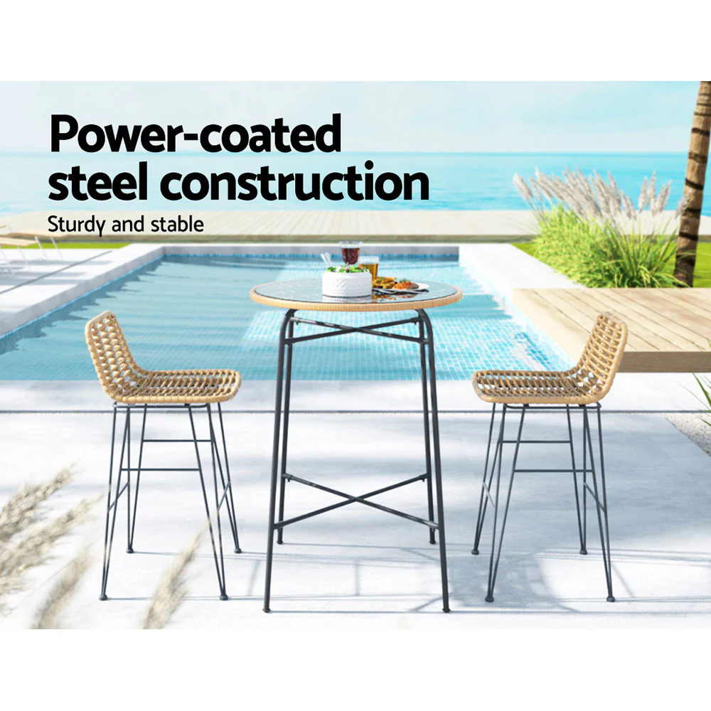 Myles 2-Seater Wicker Dining Bistro Patio Table Chairs Set Steel - Black and Wood - Nurns