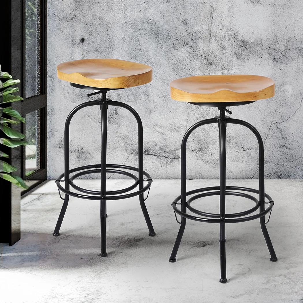 90cm Lorient Industrial Bar Stools Kitchen Stool Wooden Barstools Swivel Vintage Chair - Black & Wood - Nurns