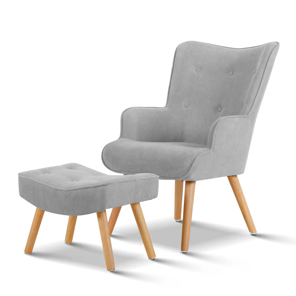 Velvet Armchair and Ottoman - Light Grey - Nurns