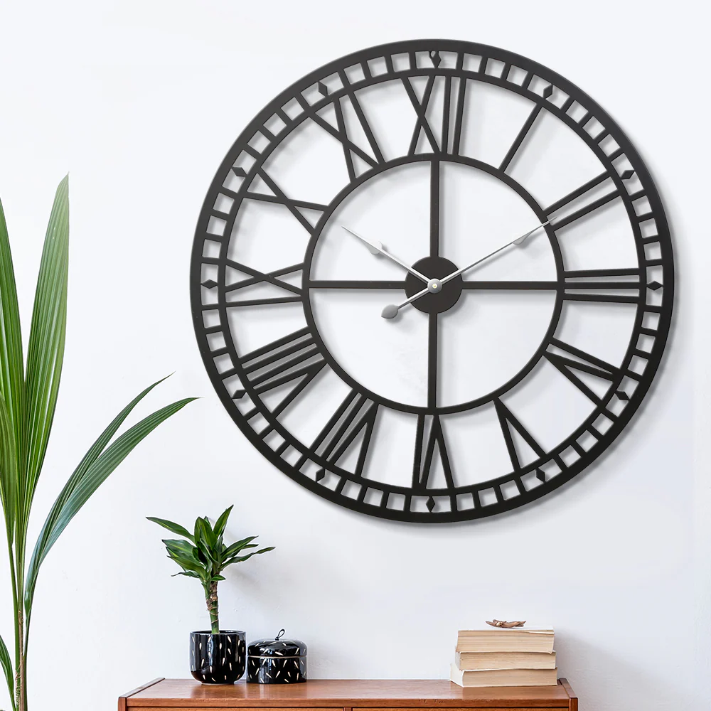 80CM Large Wall Clock Roman Numerals Round Metal Luxury Home Decor Black - Nurns
