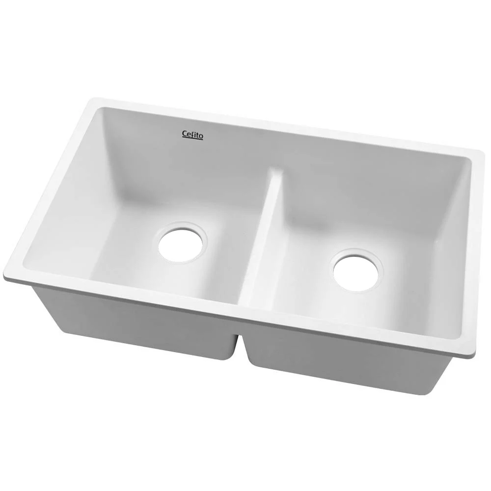 Stone Kitchen Sink 790X460MM Granite Under/Topmount Basin Double Bowl White - Nurns