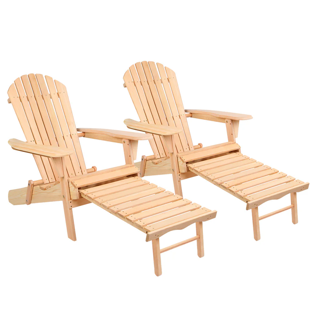 Adirondack Gardeon 2PC Outdoor Chairs Wooden Sun Lounge Patio Furniture Garden Natural - Nurns