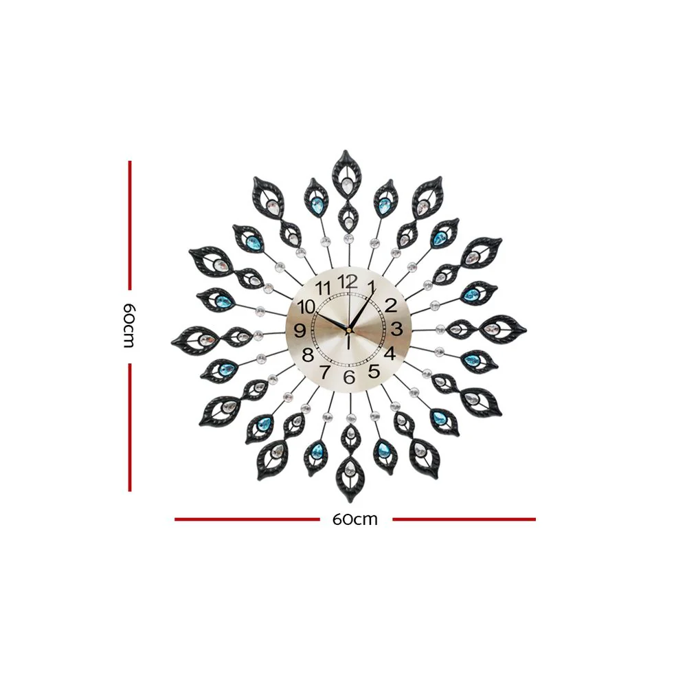 60CM Peacock Wall Clock Large 3D Modern Crystal Luxury Round Wall Clocks Home Decor Black - Nurns