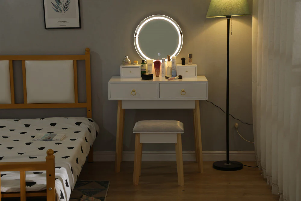 Dressing Vanity Table Stool Set with Make-up LED Lighted Mirror-White - Nurns