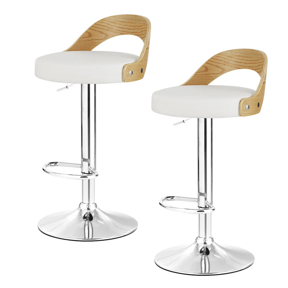 Set of 2 Plymouth Bar Stools Kitchen Gas Lift Wooden Stool Metal Barstools Swivel - White - Nurns