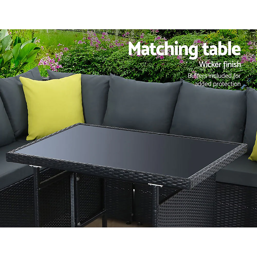 Alnwick 5-Seater Furniture Patio Set Table Chair Lounge Wicker Garden 6-Piece Outdoor Sofa - Black - Nurns