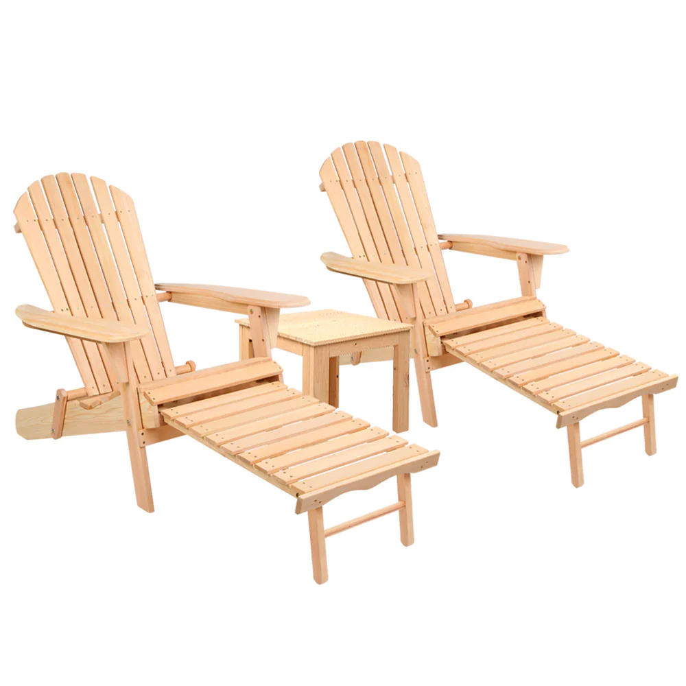 Adirondack Gardeon 3PC Outdoor Table and Chairs? Wooden Sun Lounge Beach Patio Natural - Nurns