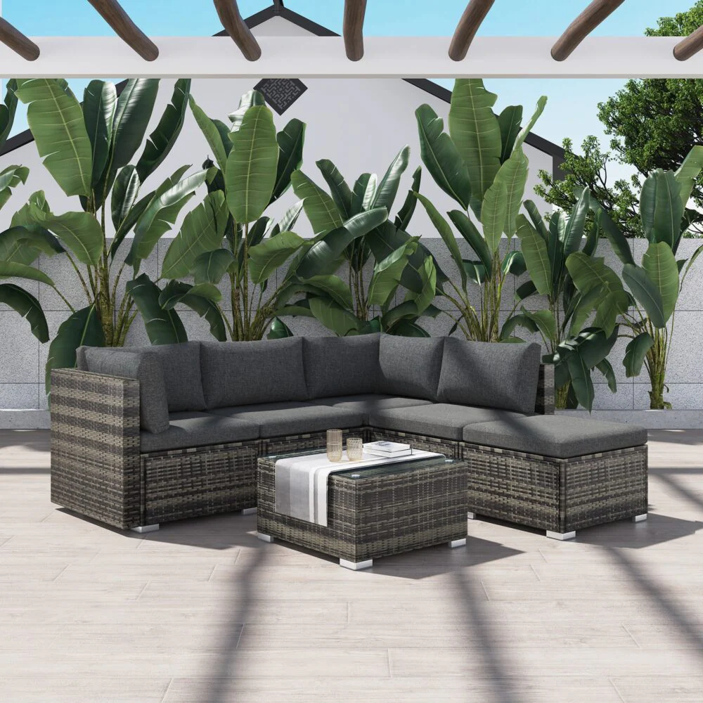 Perry 5-Seater Ottoman Style Outdoor Lounge Set - Grey - Nurns