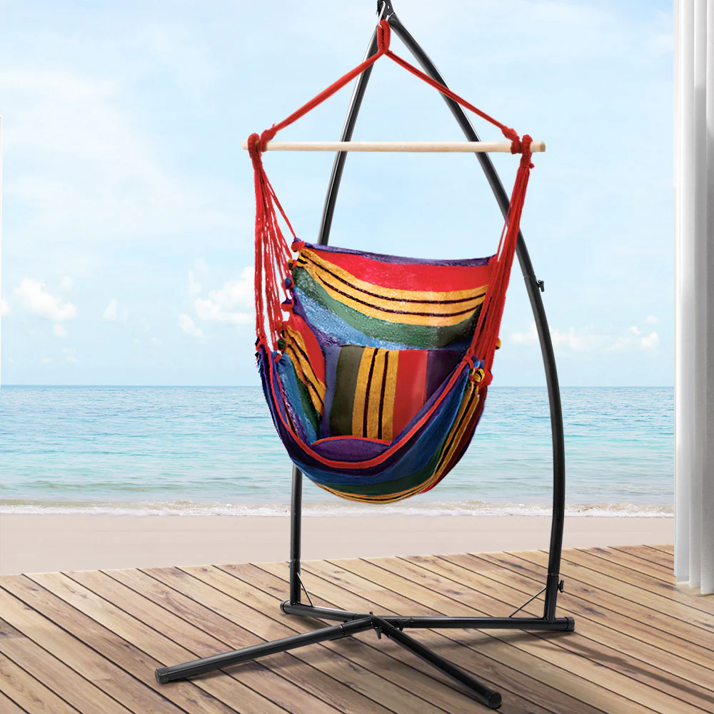 Hammock Chair Outdoor Camping Hanging with Steel Stand - Rainbow - Nurns