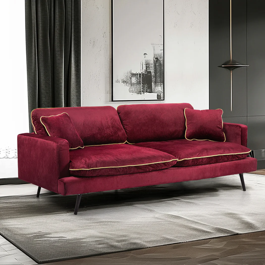 Maylee 3-Seater Velvet Sofa Armchair Couch 210cm Wide - Red - Nurns