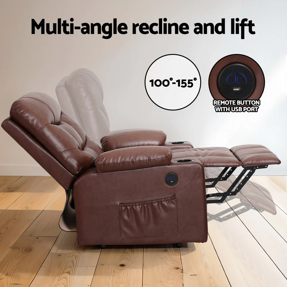 Chiron Recliner Chair Lift Assist Heated Massage Chair Leather - Brown - Nurns