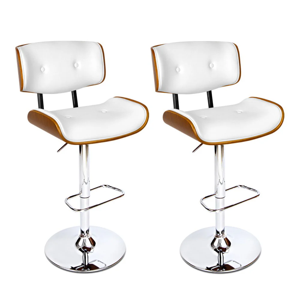 Set of 2 Ancona Wooden Gas Lift Bar Stool - White & Chrome - Nurns