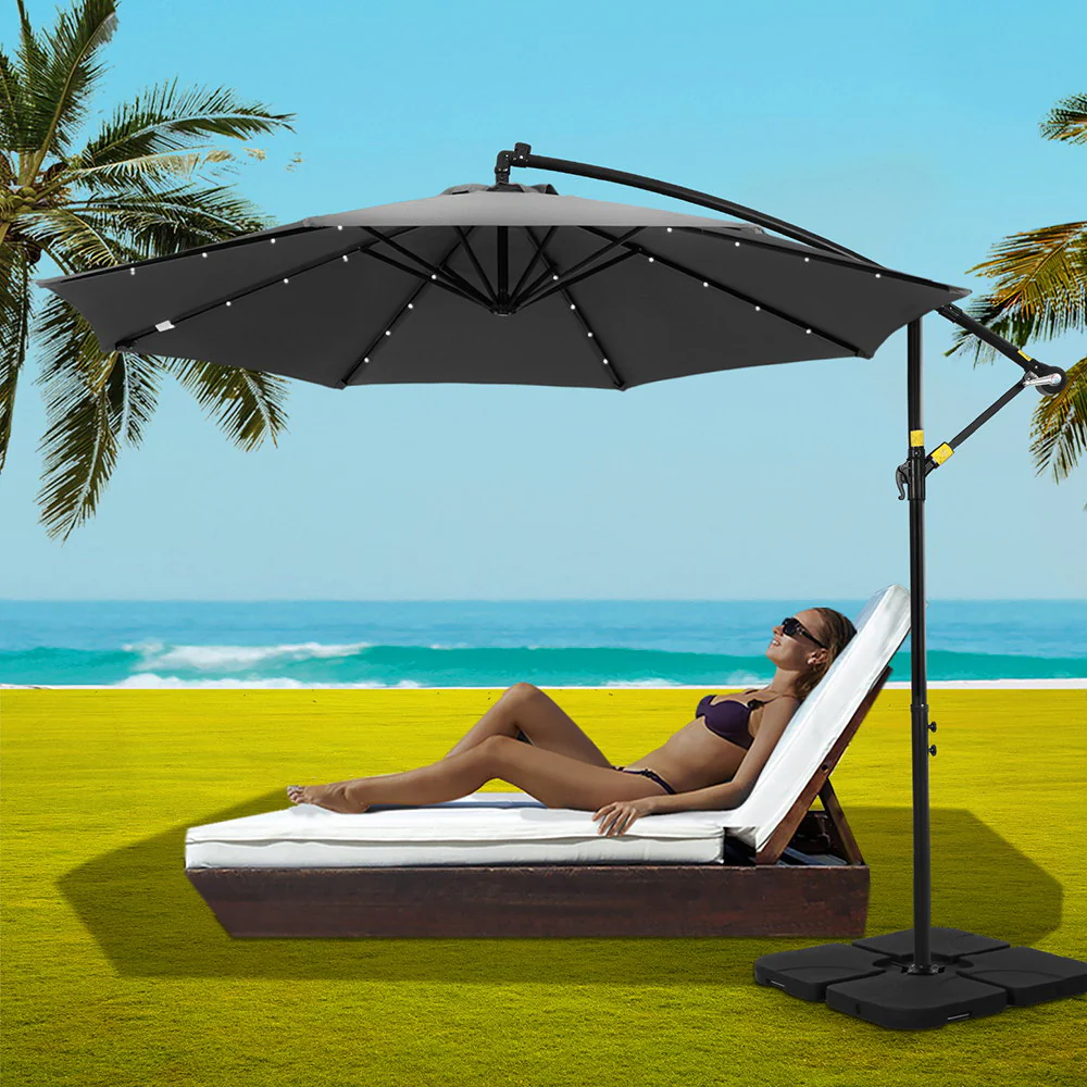 Instahut Outdoor Umbrella 3M Cantilever Beach LED Base Garden Sun Patio Charcoal - Nurns