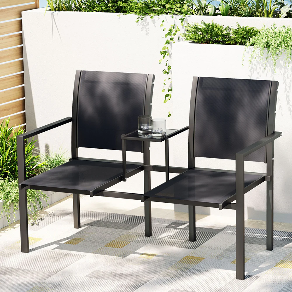 Zeke 2-Seater Outdoor Garden Bench Seat Chair Table Loveseat Patio Furniture Park - Black - Nurns