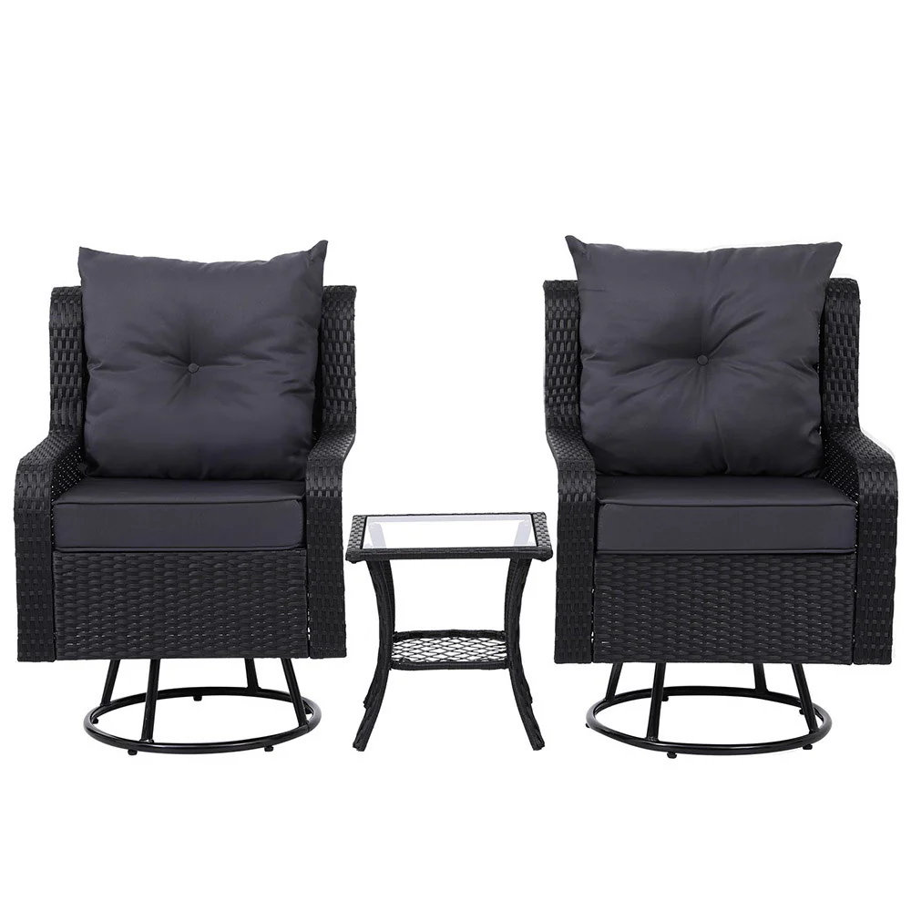 Cinzia Outdoor Furniture Lounge Wicker Swivel Chairs Table Cushion 3-Piece Outdoor Bistro Set - Black - Nurns