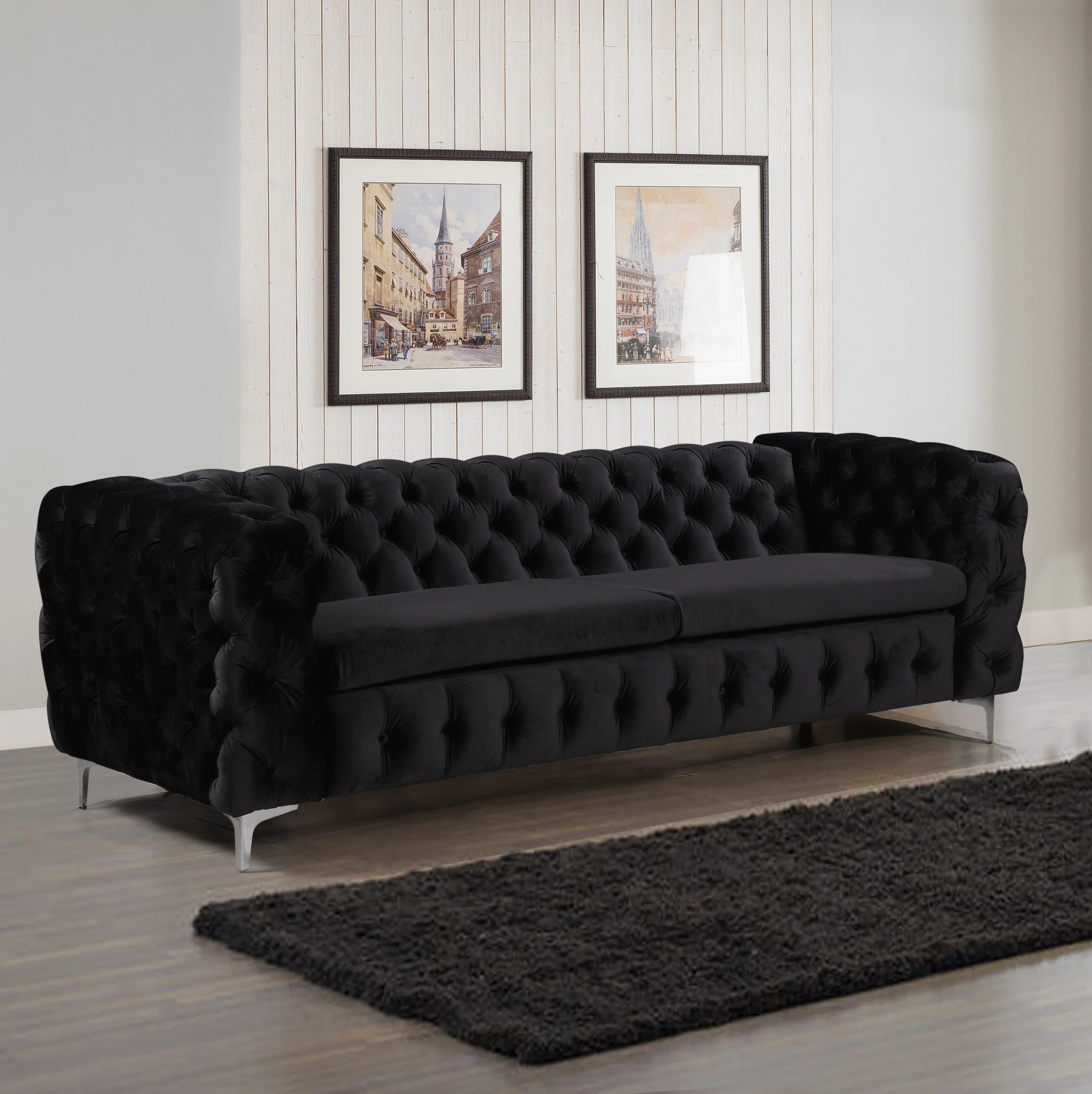 Mourd 3-Seater Sofa Classic Button Tufted Lounge Velvet Fabric with Metal Legs - Black - Nurns