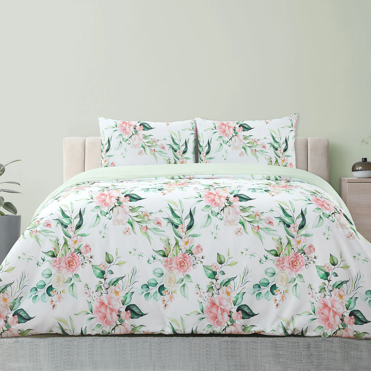 KING Soft Sage Printed Floral Quilt Cover Set - Rose - Nurns