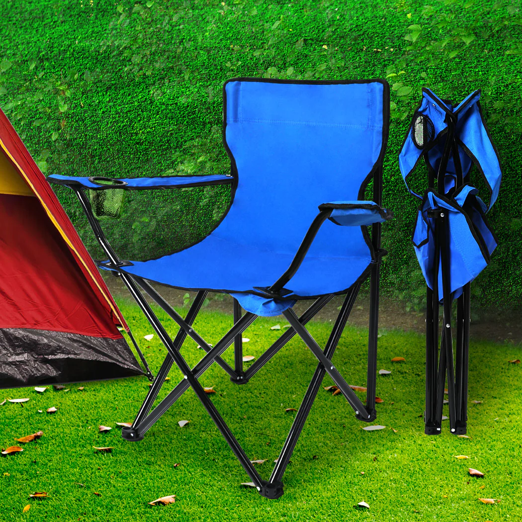 Set of 2 Folding Camping Chairs Arm Foldable Portable Outdoor Fishing Picnic Chair Blue - Nurns