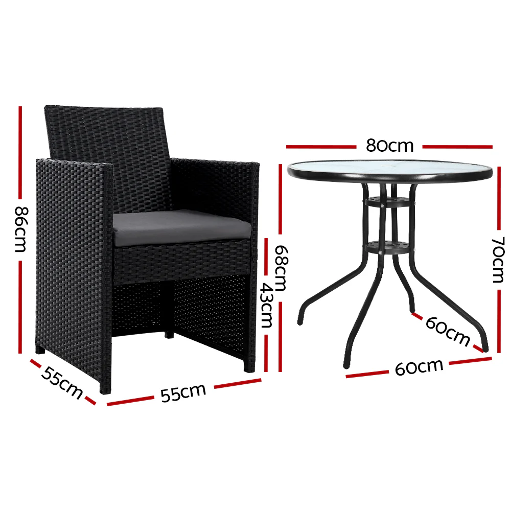 Stella 2-Seater Patio Furniture Chairs Table Wicker Tea Coffee Cafe Bar 3-Piece Outdoor Bistro Set - Black - Nurns