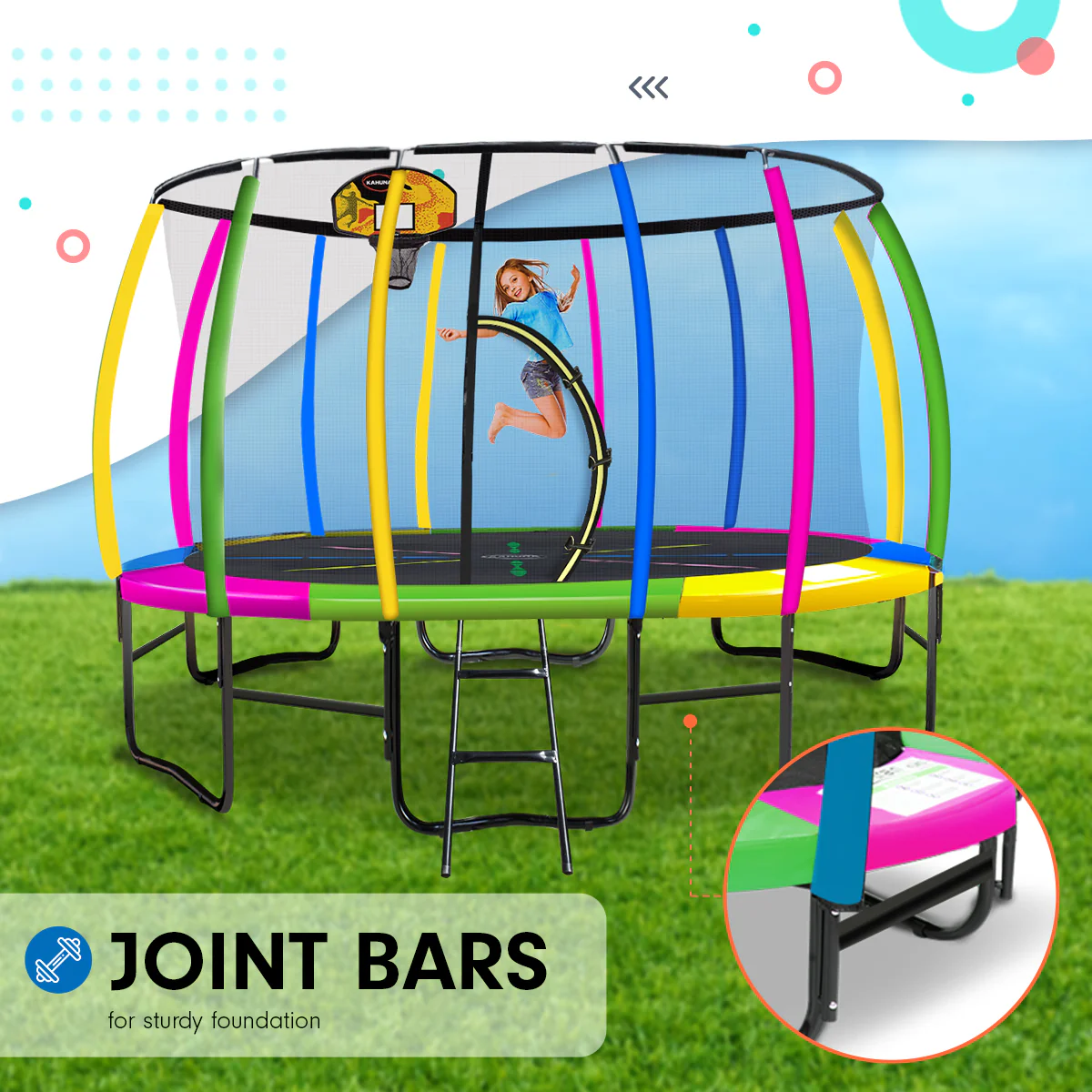 Kahuna Trampoline for Kids 14FT Outdoor Children with Safety Enclosure Pad Mat Ladder Basketball Hoop Set - Rainbow - Nurns