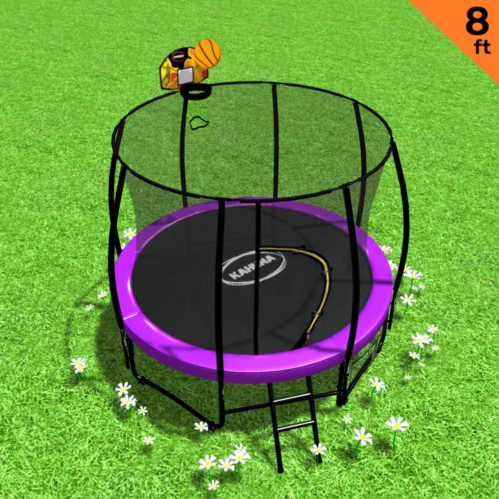 Kahuna Trampoline for Kids 8FT Outdoor Children with Safety Enclosure Mat Pad Net Ladder Basketball Hoop Set - Purple - Nurns