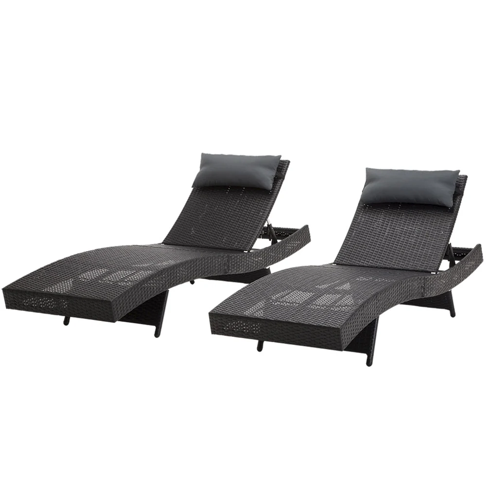 Travis Set of 2 Outdoor Sun Lounge Wicker Chair without Armrest - Black - Nurns