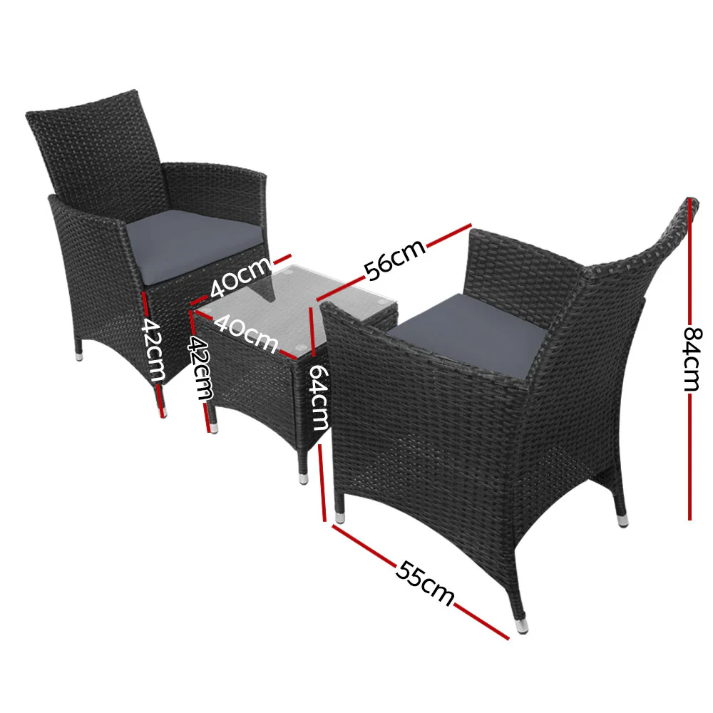 Noah 2-Seater Wicker Furniture 3-Piece Outdoor Setting - Black - Nurns
