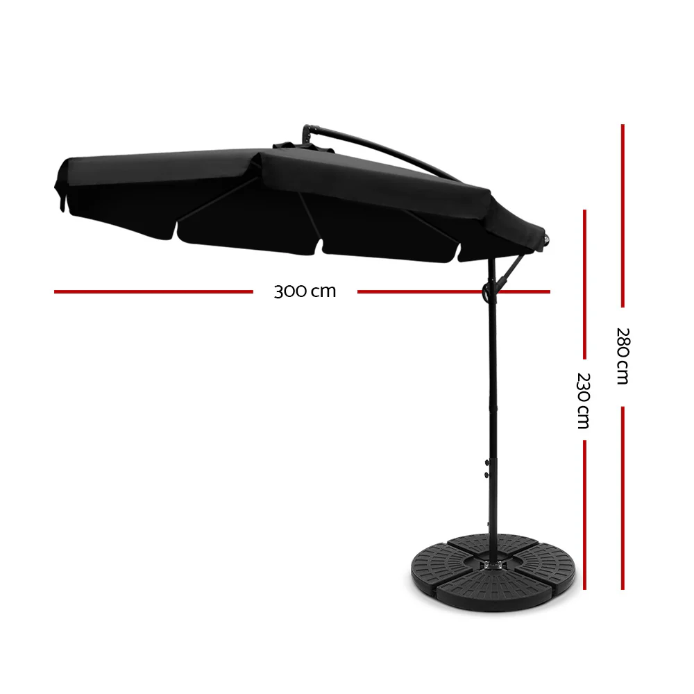 Instahut 3m Outdoor Umbrella w/Base Cantilever Garden Patio Beach Black - Nurns