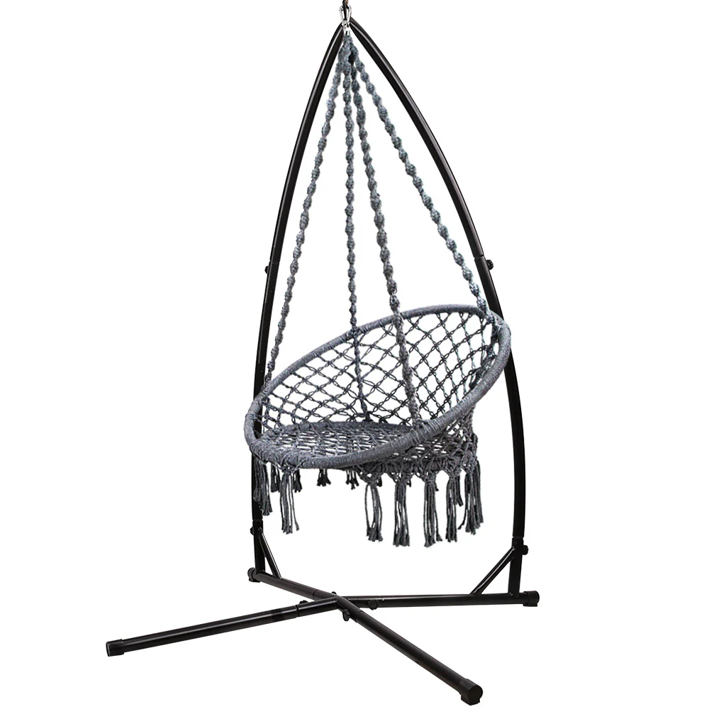 Hammock Chair with Steel Stand Macrame Outdoor Swinging - Grey - Nurns
