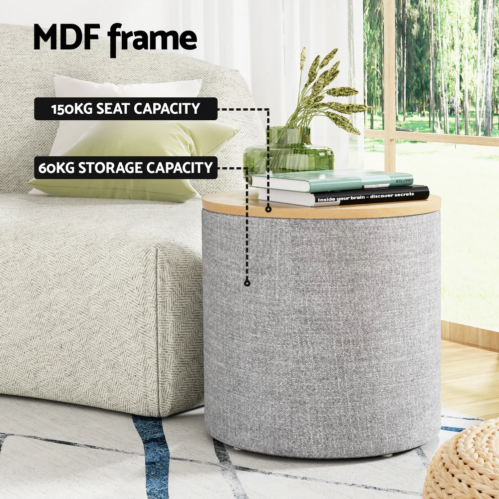 Storage Ottoman Blanket Box 40cm Linen Round - Grey - Nurns