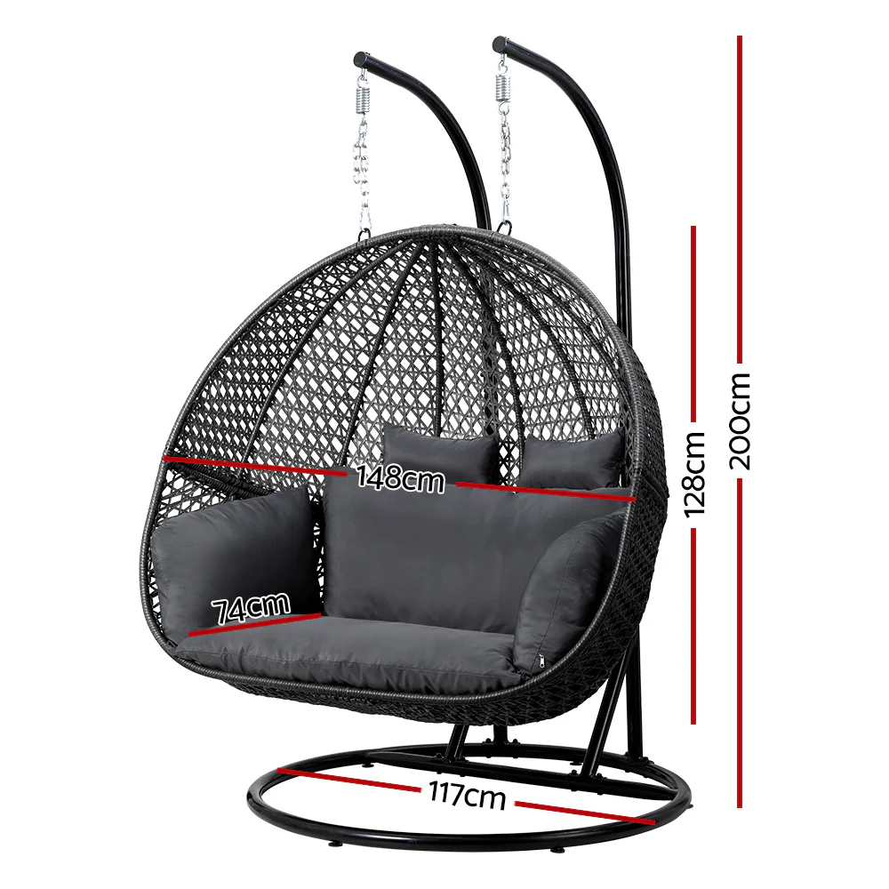 Andrew Outdoor Egg Swing Chair Wicker Furniture Pod Stand Cushion 2 Seater - Grey - Nurns