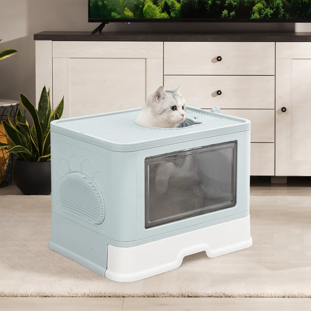 Foldable Cat Litter Box Tray Enclosed Kitty Toilet Hood Hair Grooming Blue - Green - Nurns